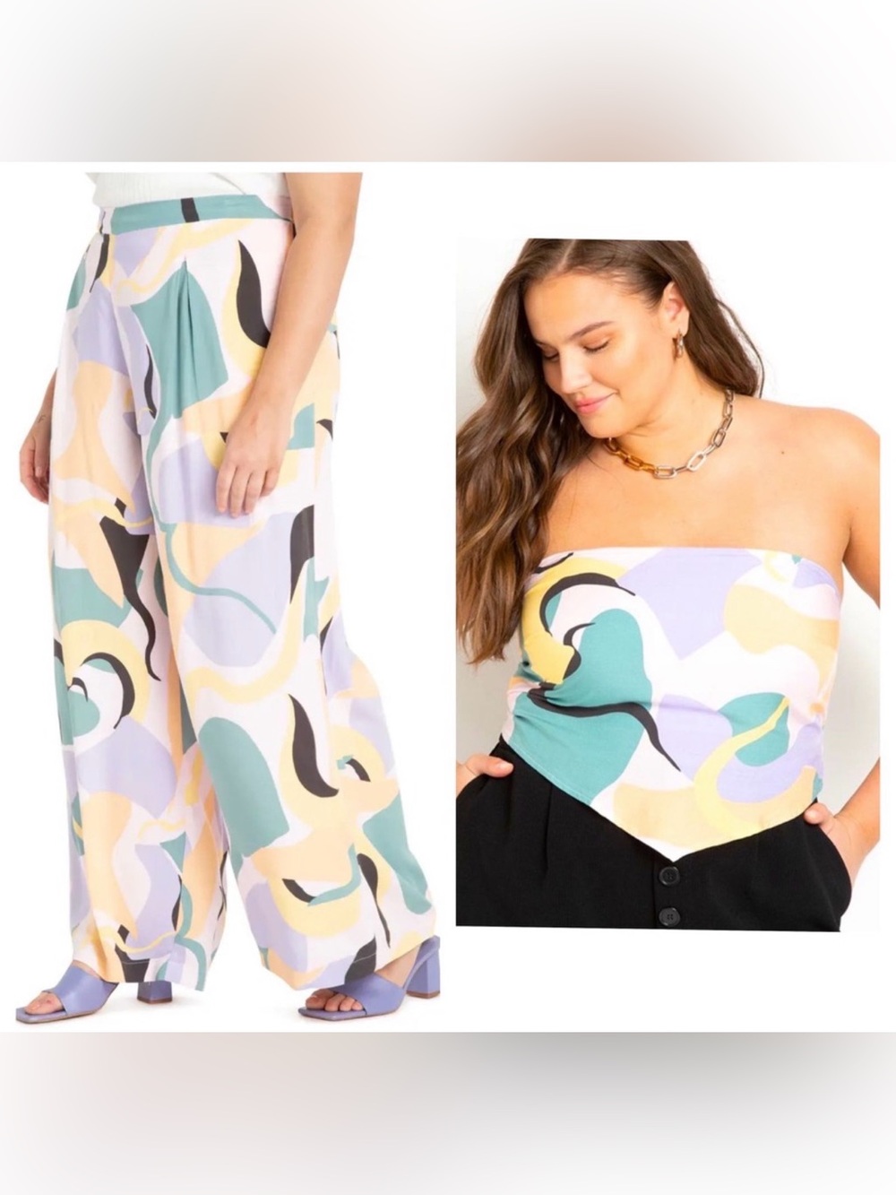 Eloquii Womens Geo Printed Palazzo Pants Strapless Scarf Top Set Size 14
